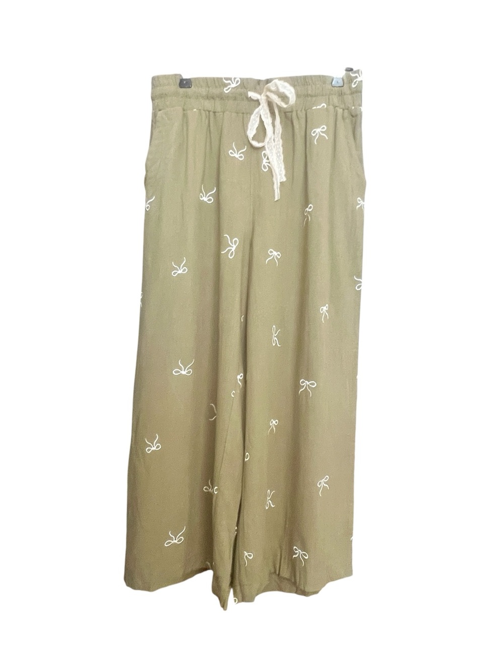 Umgee Linen Blend Wide Leg Pants SZ L Green Bows Flowy Lace Drawstring Waist - Picture 3 of 9